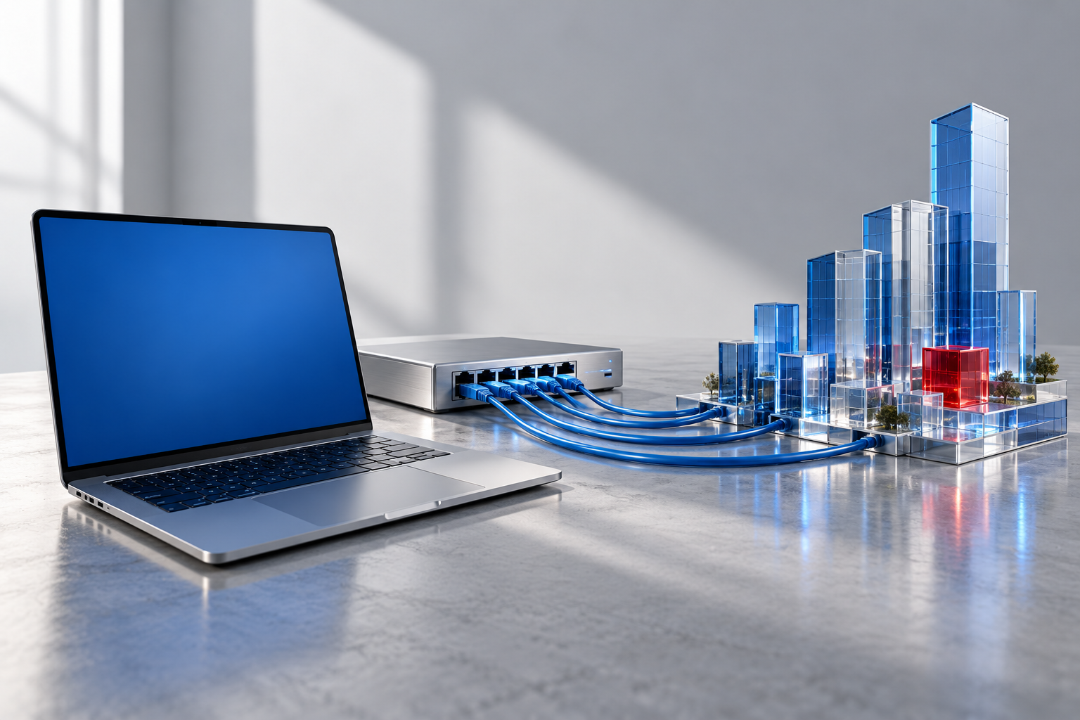 Equipos de cómputo conectados a una infraestructura empresarial